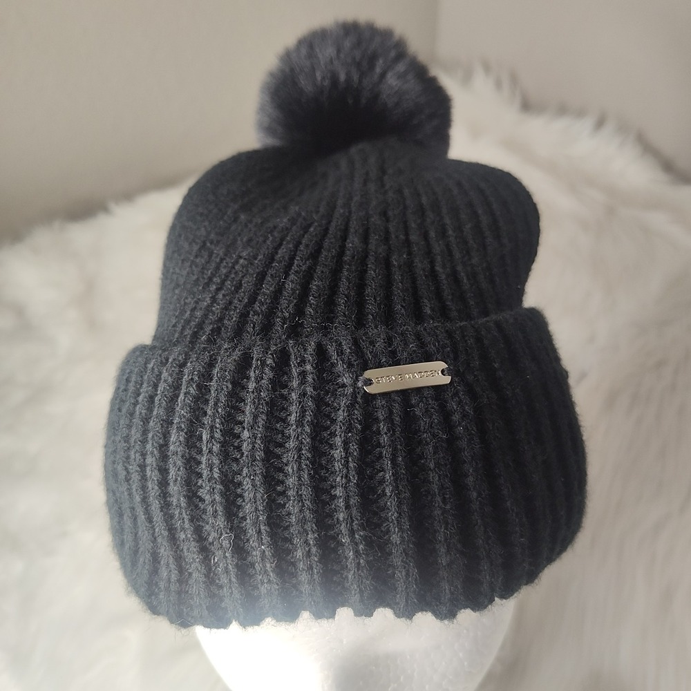 Steve Madden Black Knit Beanie Hat with Black Pom Pom Women
